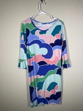 Tori Richard Honolulu Hawaii Colorful Pullover Stretch Shirt Dress M Bell Sleeve